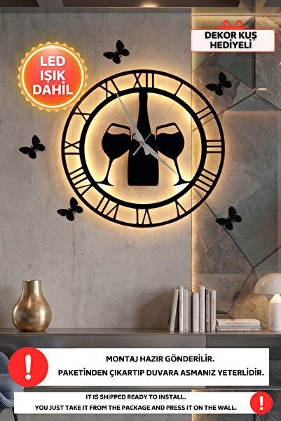 Dekorvin Led Işıklı Şaraplar Duvar Saati Sessiz Dekoratif Modern Siyah Ahşap ...
