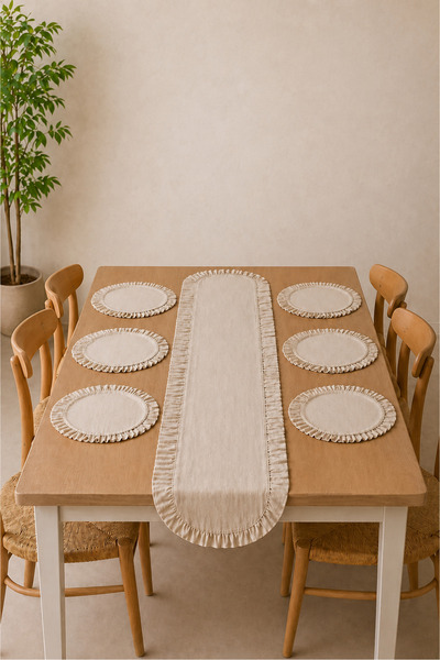 KaiHome Ruffle Detailed Linen Runner & Supla Set – 7 Piece Dowry Collection