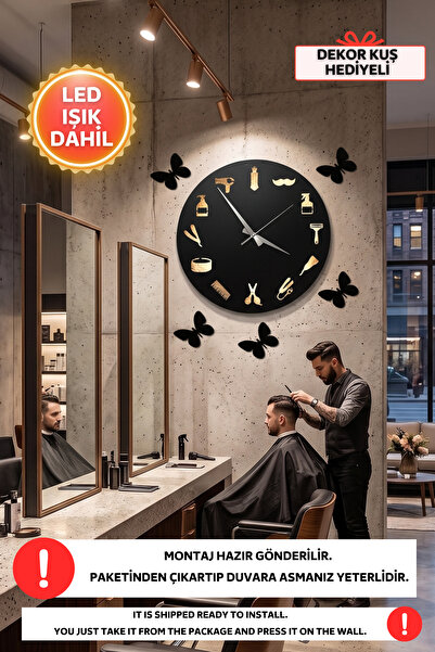 Dekorvin Led Işıklı Kuaför Duvar Saati Sessiz Dekoratif Modern Siyah Ahşap Du...