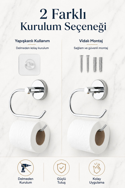 Alper Banyo Yapışkanlı Krom Açık Kağıtlık Tuvalet Kağıdı Askısı Ister Yapıştır Ister Montajla Delmeye Son