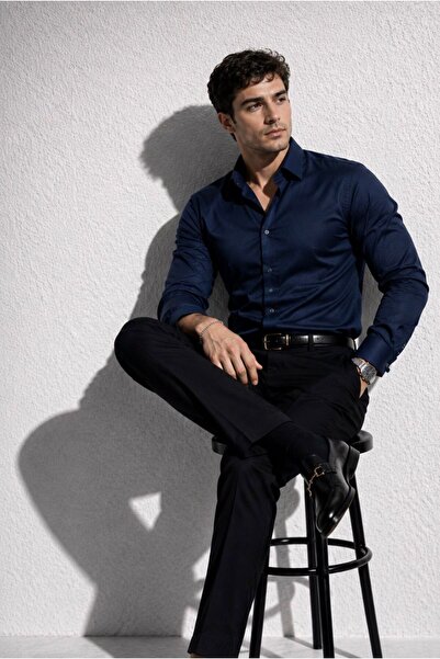 sepetx Erkek Premium Pamuk Saten Slim Fit Lacivert Gömlek | Modern ve Şık Tas...