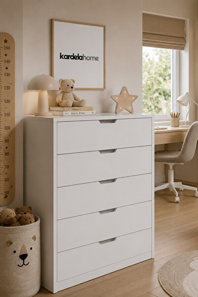Kardelahome %100 Mdf Bebek Odası Çocuk Odası Şifonyer 5 Çekmeceli Beyaz