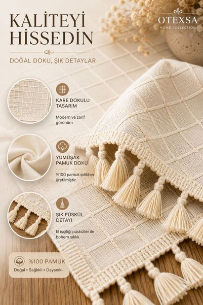 OTEXSA Tasseled Bohemian Triangle Runner Square Textured Decorative Tablecloth Ecru