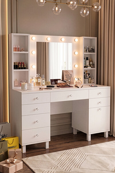 Yurudesign Monroe Makyaj Masası 7 Çekmece Kapaklı Düzenleyici Hollywood Led I...