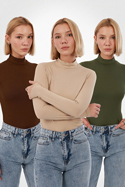 Yade Fashion Kadın Uzun Kollu Balıkçı Yaka Body 3’lü Set – Kahverengi Ekru Yeşil