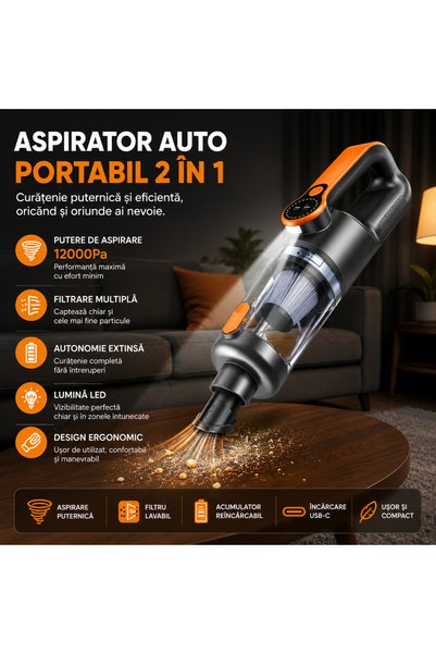 Omaly Aspirator de mână Portabil, Mini aspirator auto fără Fir, 12000Pa, 2in1 Motor brushless, Autonomie 30min, 7 Accesorii incluse, USB Type-C, Display Digital, Compact și Ușor, Aspiră și Suflă, Portocaliu