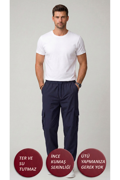 Leopars Men's Navy Blue Parachute Fabric Baggy Trousers with Commando Pockets...