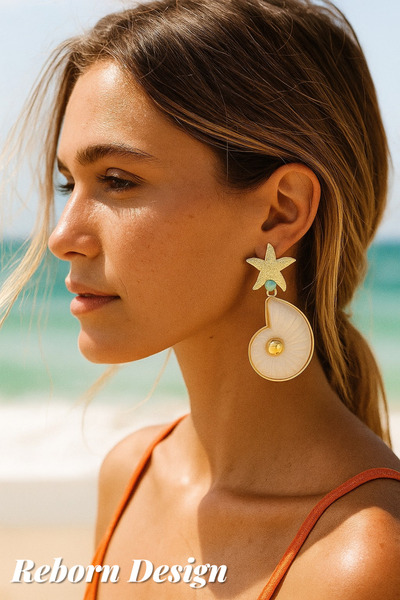 Generic Brand Gold Color Women's Earrings with Brass Starfish and Seashell Fi...