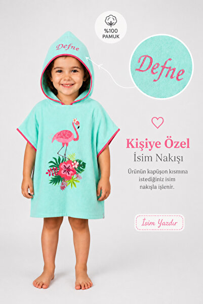 minilee children's happiness Flamingo Bahçesi - İsimli Çocuk Kapşonlu Panço H...