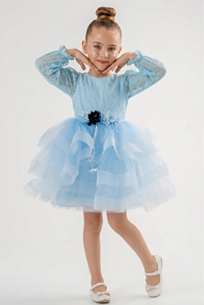 Eray Kids Fusta Volanată Mâneci Dantela Detaliu Floral Rochie De Seara Fata