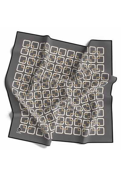 VİOLLA Twill Geometrik Desenli Gri Renkli 90x90 Eşarp (İpek İçermez) Kenar Di...