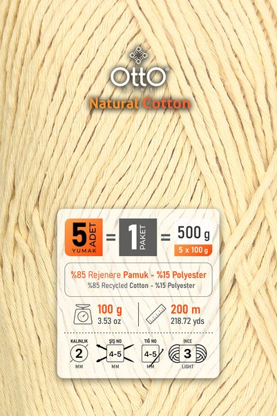 OTTO LINE Natural Cotton • Yellow (6020) • 5-Pack × 100 Gr / 200 m • 2 mm • Cotton Thread • Punch, Amigurumi, Macrame