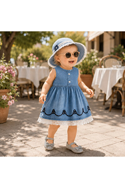 Bebelul Set bebe rochie albastra din bumbac si pantofiori gri Oryeda