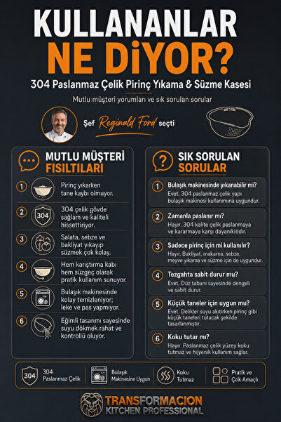Transformacion Inox Pirinç Süzgeci Profesyonel Pirinç Yıkama Süzgeci - 304 Paslanmaz Çelik Çok Amaçlı Salata & Makarna Süzme ve Karıştırma Kabı 721080