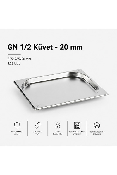 Natsan Paslanmaz Çelik Gastronom/gastronorm Küvet Gn 1/2-20 (32,5 X 26,5 X 2 CM)