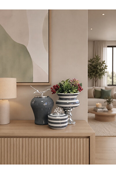 ferayhome Dekoratif Obje SALON SETİ Gri Zebra Ayaklı Saksı Gri Şah Gri Zebra ...