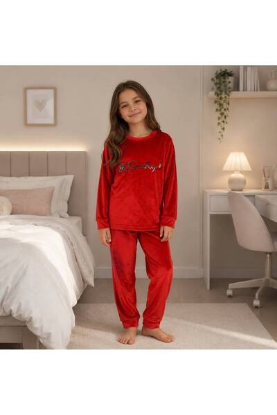 Pajama Shop Majka-ćerka pidžama set Pamuk dela Somot tkanina crvena boja medv...