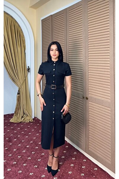 Moda Banuş فستان ميدي بحزام أسود وفتحة أمامية - مقاس ضيق