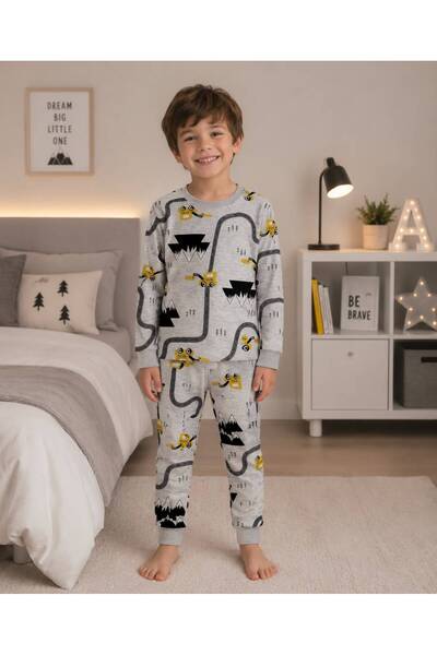 Pijamakids Dečački set od Pamuk dela, sivi, dugi rukavi, zimska pidžama