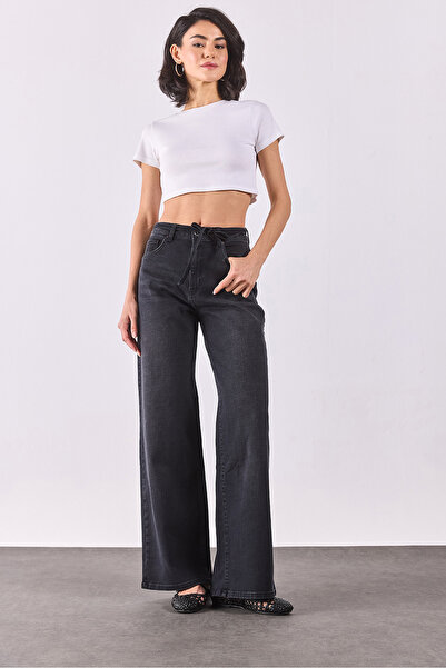 VENA Kadın Sydney Kemer Detaylı Black Wide Leg Jean Pantolon - Black