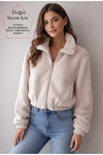 SmallTouch Kadın İç Astarlı Fermuarlı Çift Cepli Crop Bej Peluş Mont