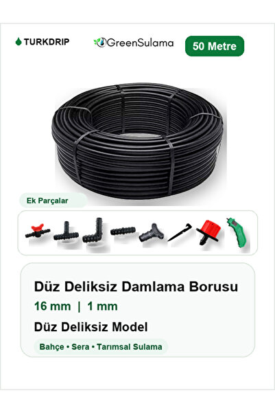 Green GREENSULAMA 16 mm Düz Deliksiz Damlama Borusu 50 Metre Bahçe Sera Sulama