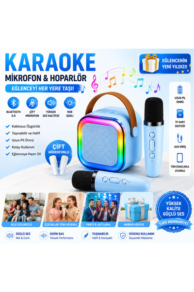 teknozeel Çift Mikrofonlu Karaoke 5 Ses Efektli Rgb Işıklı Bluetooth Kablosuz...