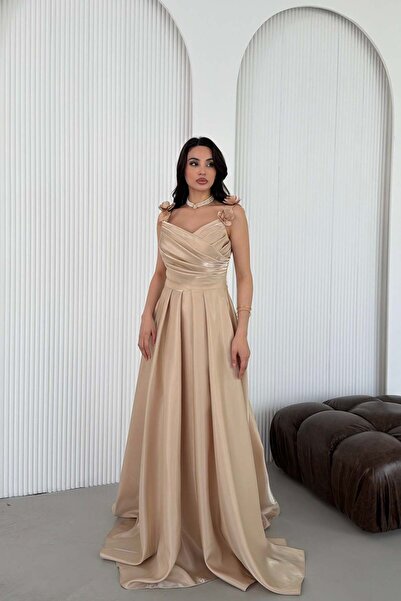 Serica Moda Bej Çiçekli Askılı Drapeli Eteği Pileli Uzun Abiye Elbise