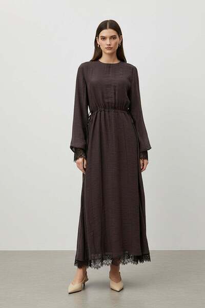 Soul Kadın Belden Bağlamalı Dantel Detaylı Uzun Elbise-32466ELB - BROWN