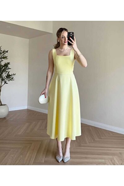 REELMODA Rochie elegantă de damă, galbenă, cu guler pătrat, cu legătură la sp...
