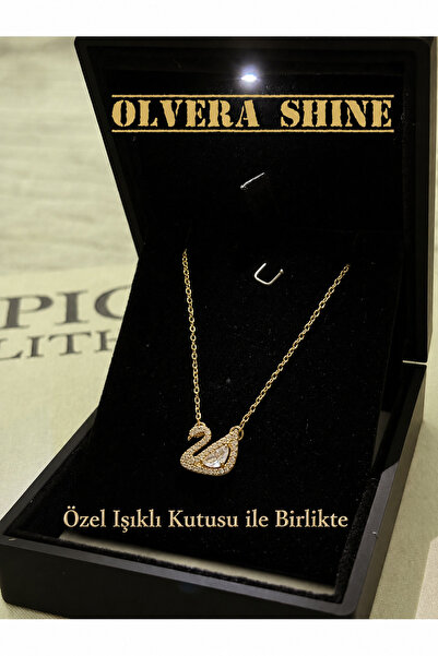 olvera shine 316L Çelik Işıklı Kutulu Beyaz Kuğulu Swan Kolye Gold/45 cm