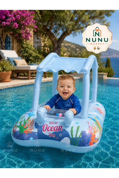 NUNU Gölgelikli Bebek Deniz Simidi Oturaklı Baby Float UV Korumalı – Mavi / P...