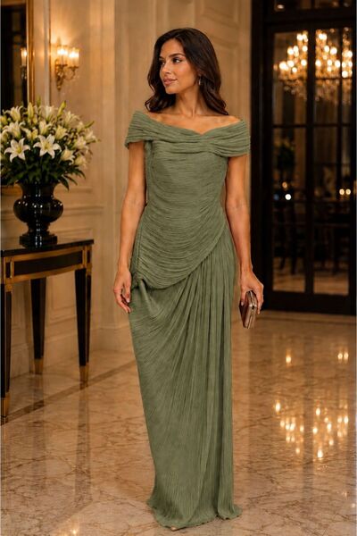 FOR COSTUME Pleated Draped Shoulder Detailed Long Evening Dress 10128