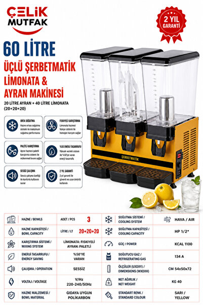 şerbetmatik Limonata Ayran Makinesi 60 L (3'lü) 2 Fıskiye + 1 Karıştırıcı Soğ...