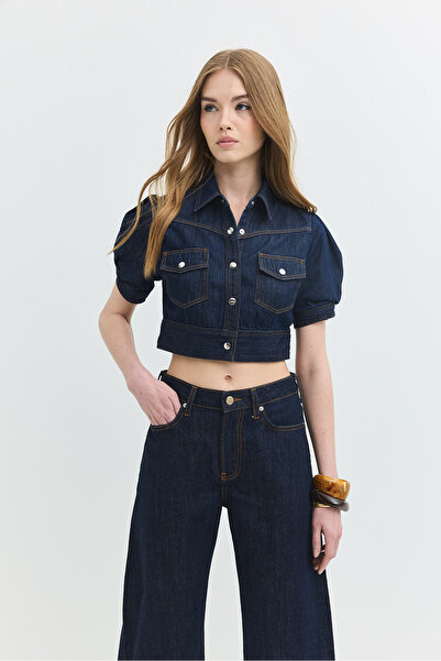 Denim Trip Regular Crop Fit Balon Kol Koyu İndigo Kadın Jean Ceket
