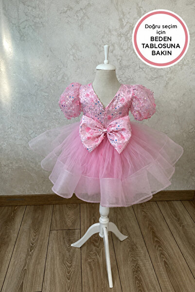 Kidstore Kız Çocuk Pembe Çiçek İşlemeli Tasarım Elbise
