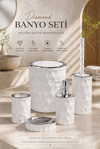 Store Hgy Home Krom Detaylı Kırık Beyaz Diamond 5'li Banyo Seti