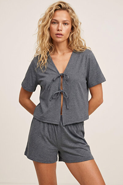 Siyah İnci Anthracite Tie-Up Knitted Shorts Set7888