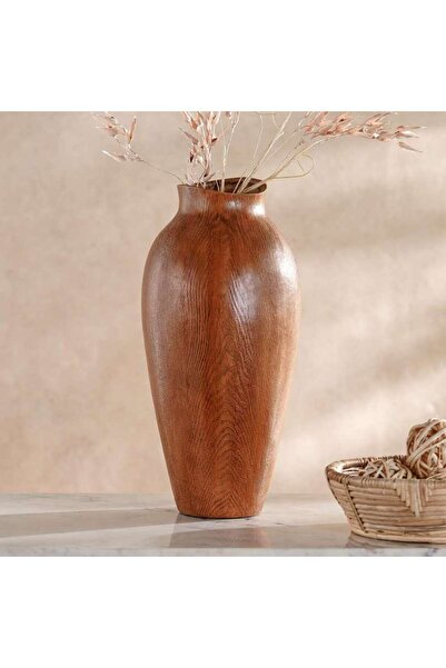 PAN HOME مزهرية ديكور سكانديك من البولي ريزين بلمسة خشبية 20.5x20.5x45 سم - بني