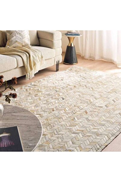 PAN HOME Lexus Chevron Foil Printed Hairon Hide Patch Rug 240x330cm - Gold