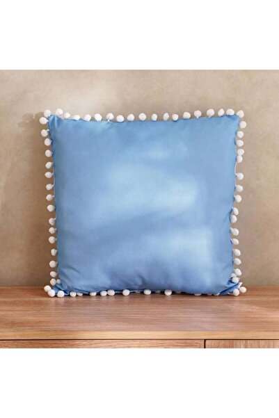 PAN HOME وسادة خارجية محشوة مقاومة للماء مع حواف بوم بوم صلبة 45×45 سم - أزرق
