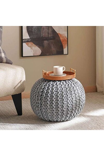 PAN HOME Vivian Cable Knit Round Pouf 50x50x40 Cm- Grey