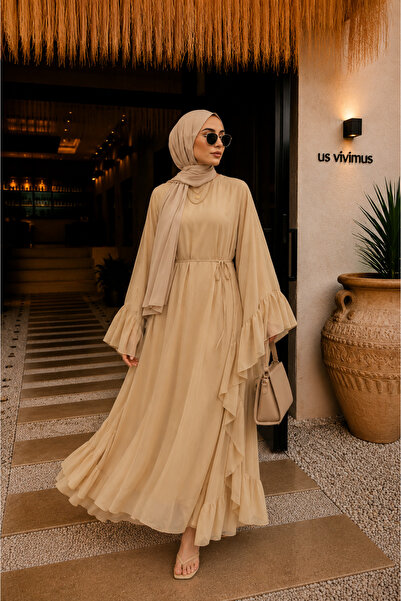 bellura Fırfırlı Asimetrik Kesim Bağcıklı İçlikli Şifon Elbise Abaya Takım