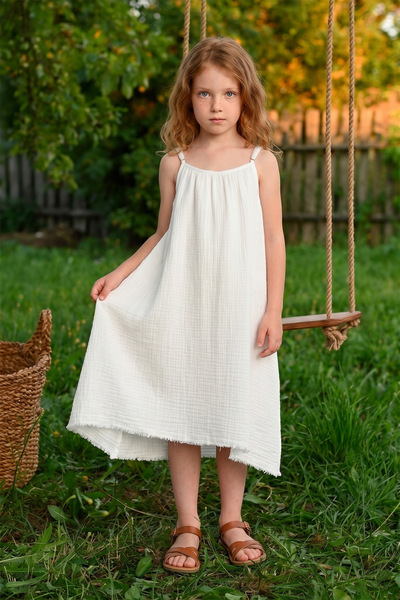 Fulla Moda Rochie de muselină pentru fete, cu bretele și tivul rupt, stil basic