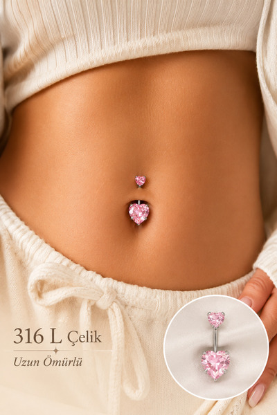 Sacce Scarves&Accessories Kalp Model Pembe Taşlı Çelik Göbek Piercing