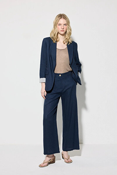 Gusto Comfortable Cut Linen Jacket with Folded Sleeves - Navy Blue