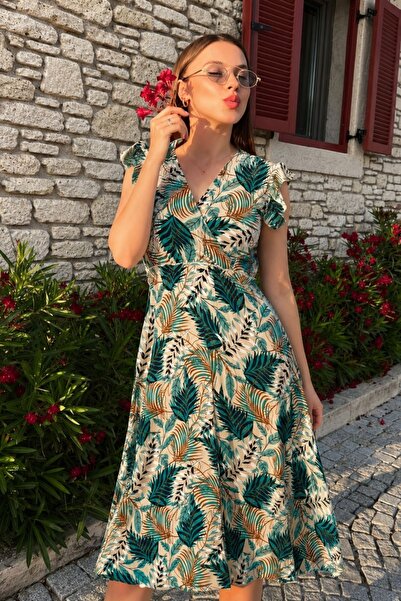 armonika Rochie de damă verde, cu guler dublu, cu volane la umeri, cu talie e...