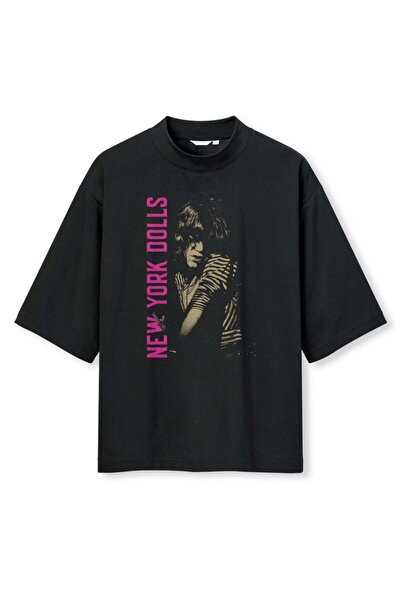 buzagi tasarım ürünleri New York Dolls Digital Print Oversize Black Unisex T-...