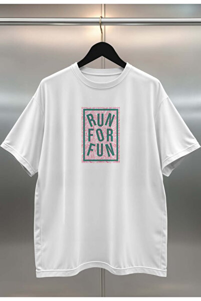 buzagi Run for Fun Digital Print Oversize White Unisex T-Shirt