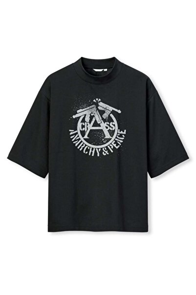 buzagi tasarım ürünleri Crass Digital Print Oversize Black Unisex T-Shirt